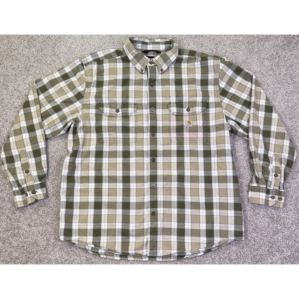 Carhartt Button Down Shirt Mens XL Green Plaid Loose Fit Cotton Workwear Rugged